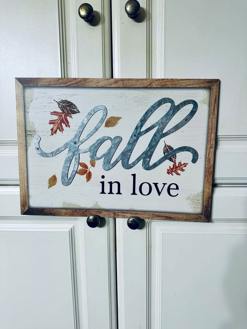 Fall In Love Wooden Wall Sign - Rustic Autumn Decor (Blue, Brown, Orange)